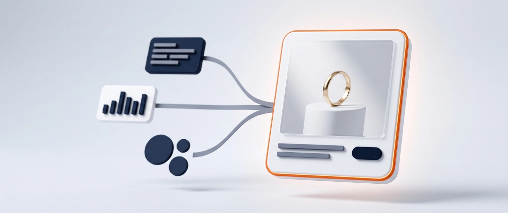 Brand language, account data and audience personas converging into a finished ad creative